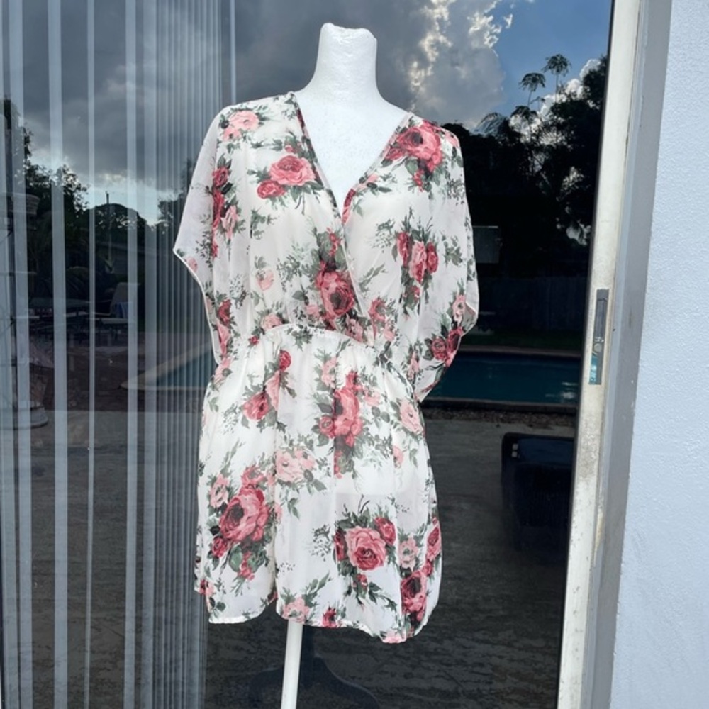 Floral Surplice Short Sleeve Blouse - Pink Rose on Cream